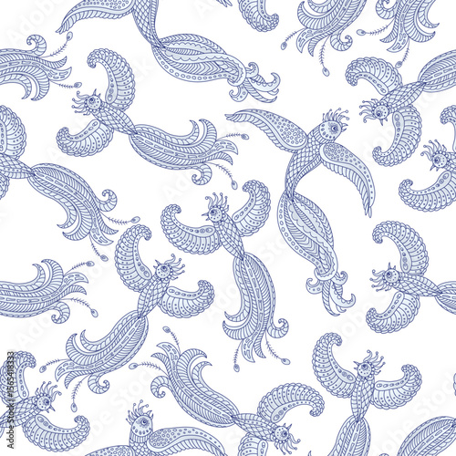 Seamless pattern of ornate fairy tale blue birds on a white backdrop