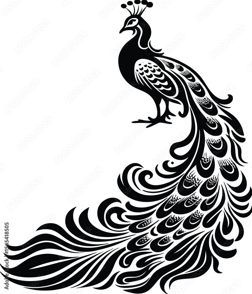 Fototapeta premium Black and White Stylized Peacock Illustration Bird Feathers Tail Design Graphic Art