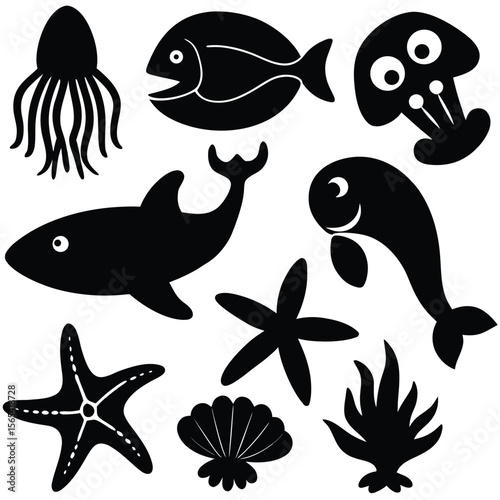 Sea Animals and Algae Silhouette Set  Marine Life Vector on White Background