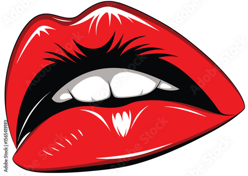 Red Lips Open Mouth White Teeth Black Outline Bold Graphic Illustration vector