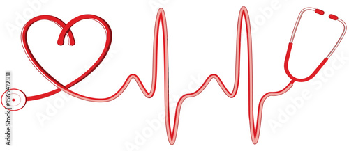 Red Stethoscope Forming Heart Shape with E K G Heartbeat Line vector