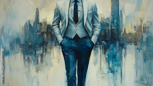 A man in a suit and tie is walking in front of a city skyline