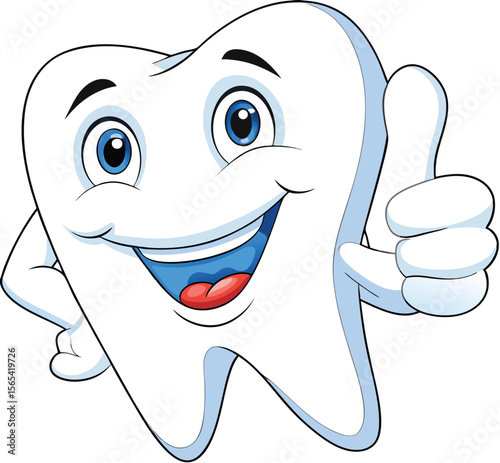 Happy Cartoon Tooth Character Giving Thumbs Up White Blue Red positive