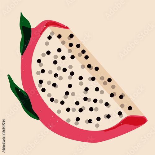 Dragon fruit slice. Exotic pitaya fruit, tropical fresh pink ripe pitahaya with green leaves and thorns, healthy organic food risograph style. Vector cartoon illustration