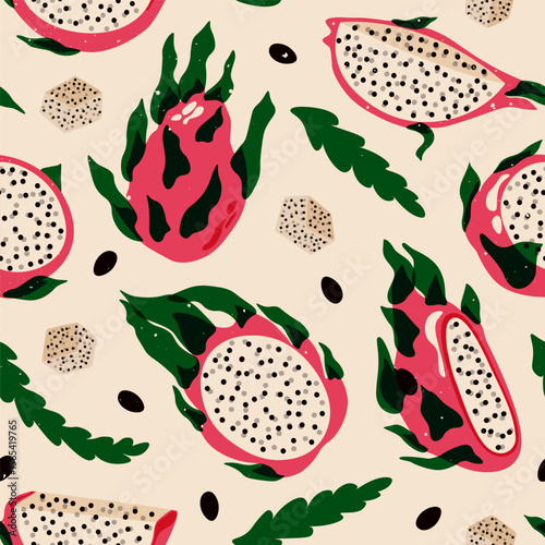 Dragon fruit seamless pattern. Exotic pitaya fruit print with pink skin and green leaves, summer tropical fruit background for wrapping paper, fabric, wallpaper. Vector texture