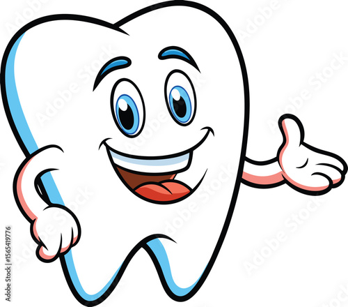 Happy Cartoon Tooth Character with Arms Gesturing Invitation White Background mascot