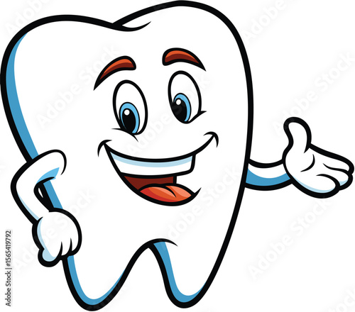 Happy Cartoon Tooth Character Gesturing Welcoming White Blue Red happy tooth smiling tooth
