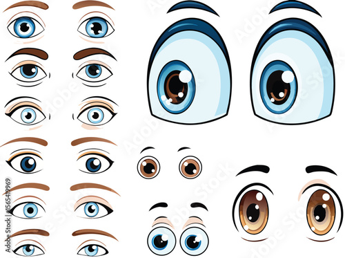Cartoon Eyes Collection Blue Brown Various Expressions Eyebrows Anime Style Illustrations