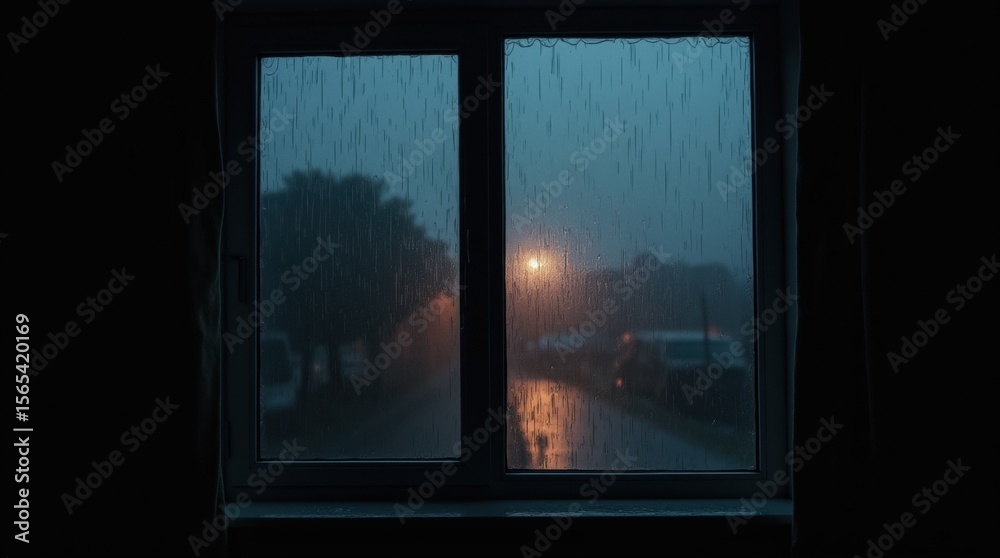 Fototapeta premium Heavy rain hits a dark window at night, lit by a single streetlight.