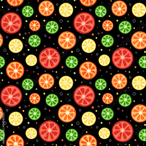 Citrus pattern. Black vector background with colorful slices of orange, lemon, grapefruit and lime. Repeating summer design, print with simple fruit slices