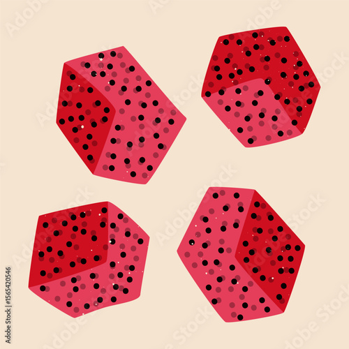 Dragon fruit slices. Exotic pink pitaya fruit, fresh tropical ripe pitahaya with seeds, healthy organic food risograph style. Vector cartoon illustration