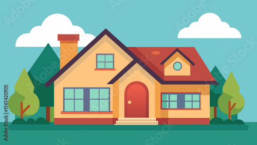 Stylized Suburban House Illustration with Trees and Clouds