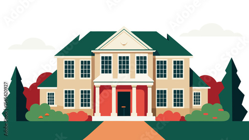 Flat Vector Illustration of a Large House with Landscaping