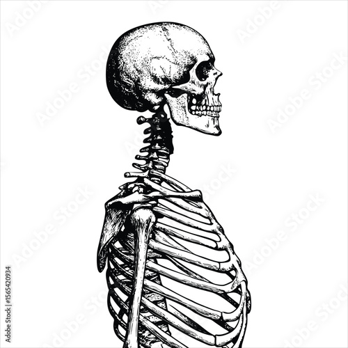 Side view of a human skeleton is isolated on white background