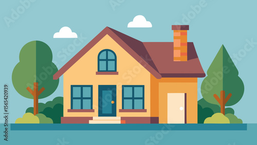 Simple Yellow House Illustration with Trees and Blue Sky