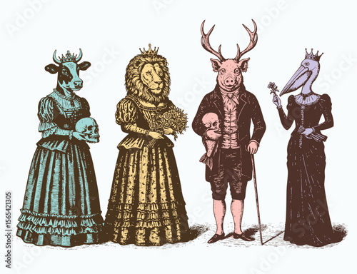man and Women with animal heads. engraving illustration