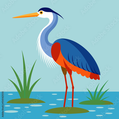 Stylized Great Blue Heron Standing in Water Illustration