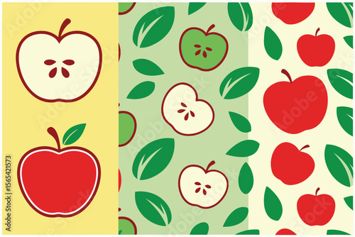 Red Apples, Green Apples, and Apple Slices Seamless Patterns