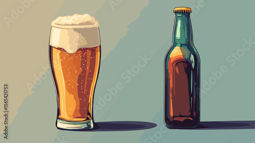 Modern Beverage Design with Bottle and Beer Glass Flat Vector