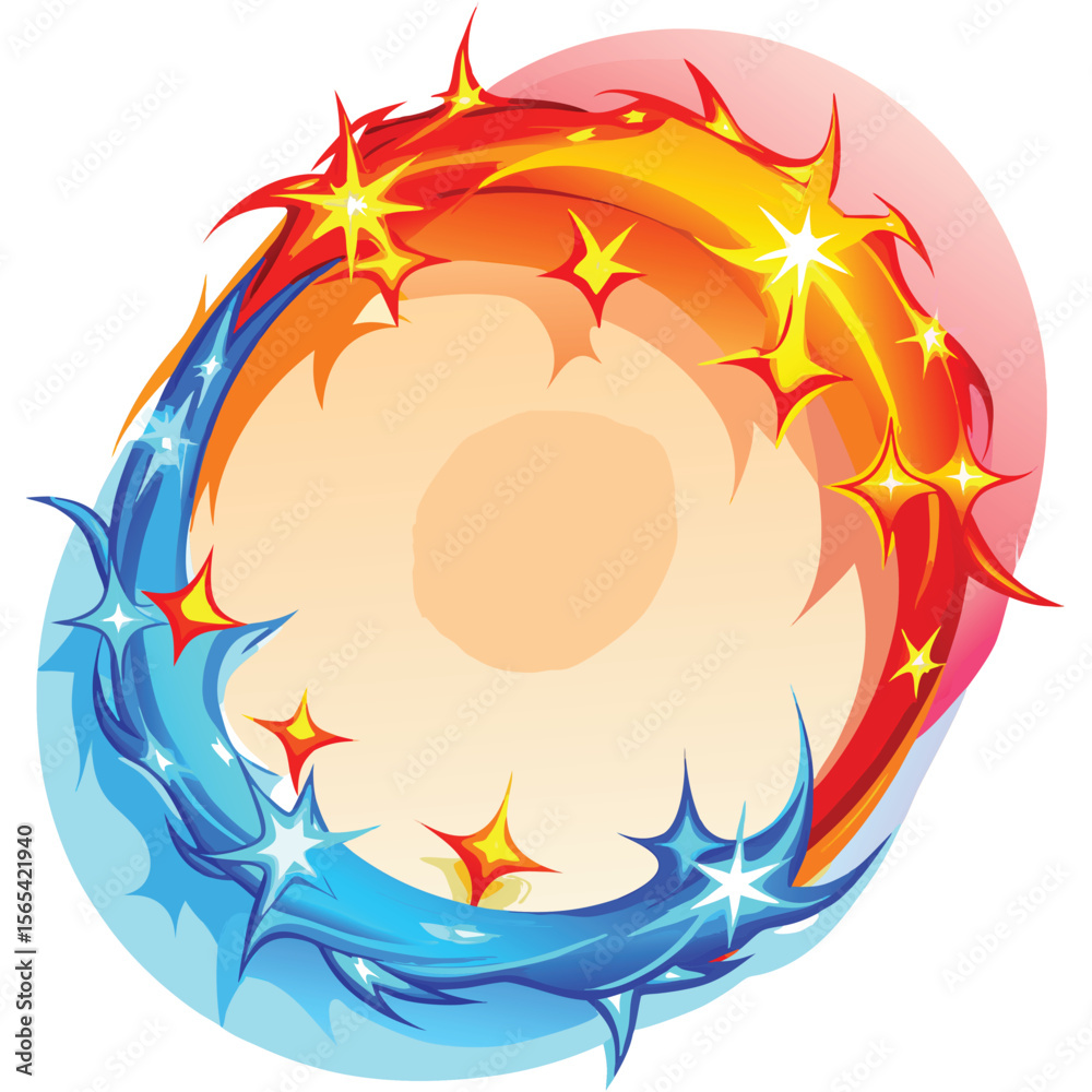 Fototapeta premium Abstract Circular Design Blue Orange Swirling Flames Stars Background vector