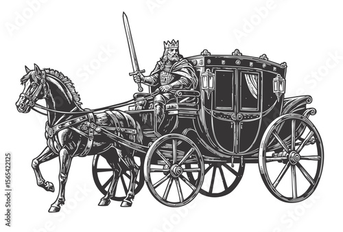 Vintage illustration of a medieval king holding a sword while riding a royal horse-drawn carriage with ornate detailing.