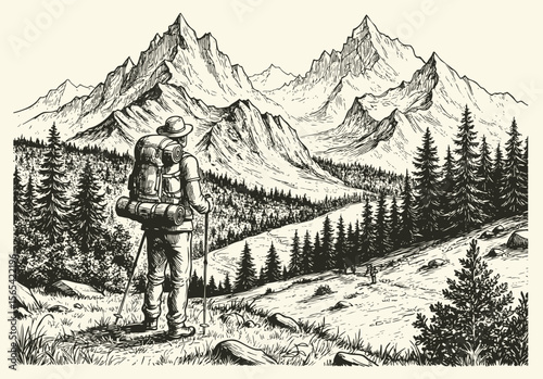 mix 13 cVintage style illustration of a lone hiker with backpack overlooking winding path through forested valley toward majestic mountain peaks.