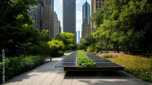 Professional image of a city skyline with green rooftop gardens and solar panels, with a seamless white background, perfect for urban sustainability branding