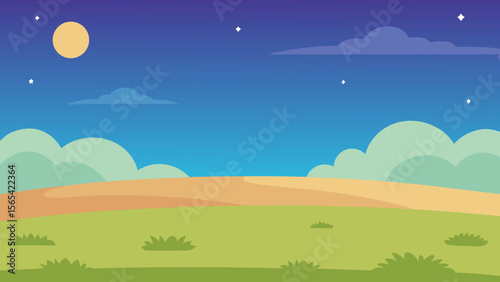 Cartoon Landscape at Night with Moon and Stars