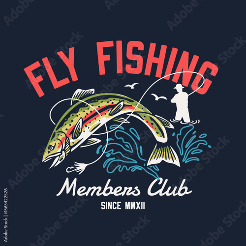 Hand-drawn fly fishing graphic. Vector fish illustration. Perfect for t-shirt prints, posters, stickers, and other uses.