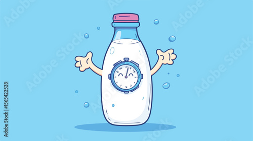Time Management Concept with Milk Bottle and Wristwatch Cartoon Illustration
