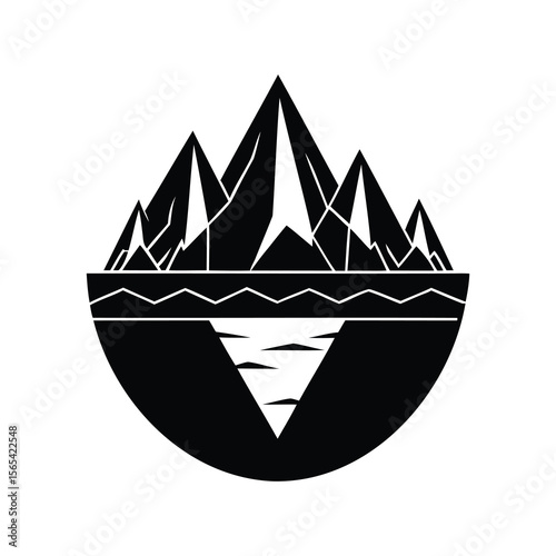 Abstract black and white mountain range and lake reflection logo graphic