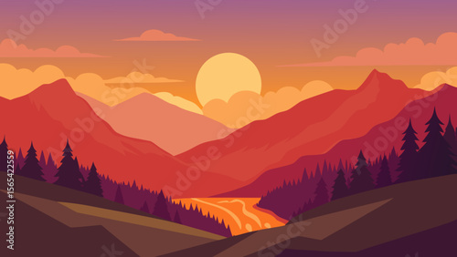 Sunset Mountain Landscape with River and Pine Trees