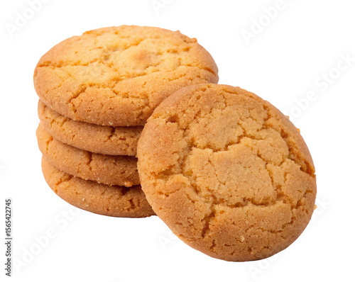 Stack of crispy golden cookies with one leaning showing texture against plain white background