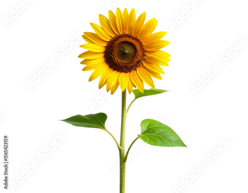 Minimalist Single Sunflower Stem with Leaf, isolated on transparent background