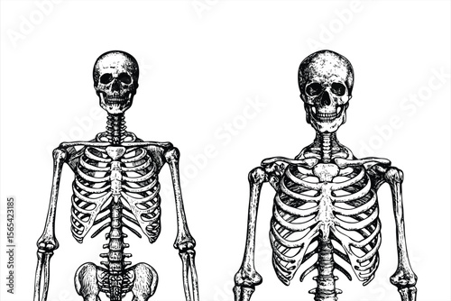 Human skeletons are illustrated isolated on white background