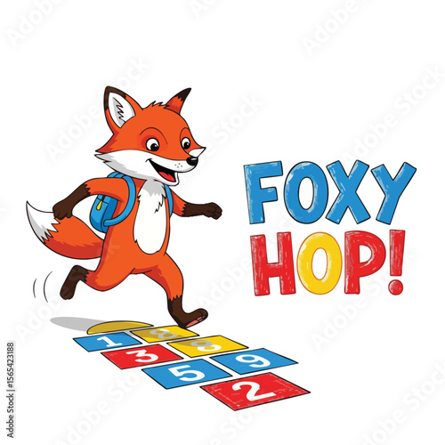Playful Cartoon Style Fox Character Doing Hopscotch Game Illustration
