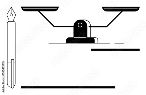 Fountain pen beside balanced scale emphasizing accuracy, equality, and decision-making. Ideal for legal, equality, precision, neutrality, analysis education and fair judgment themes. Simple flat