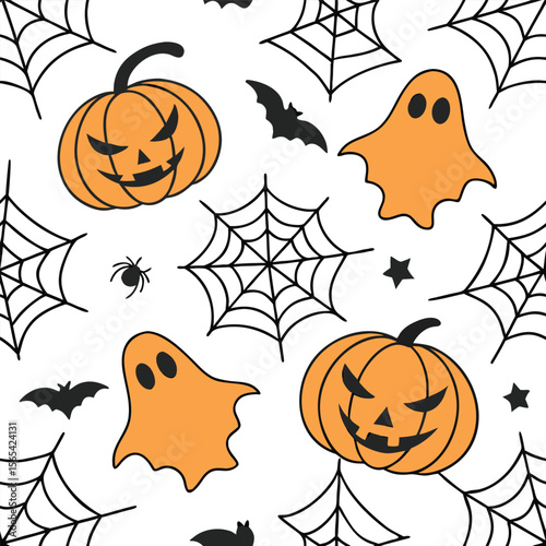 Orange pumpkins ghosts bats spiders and cobwebs seamless pattern halloween jack o lantern