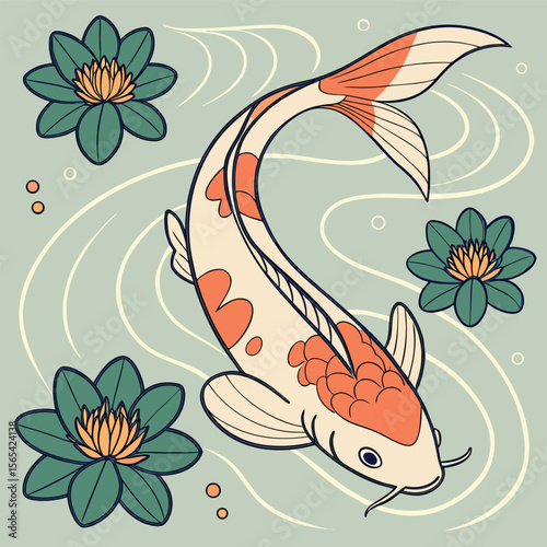 Orange and cream koi fish swims among green water lilies water lily aquatic