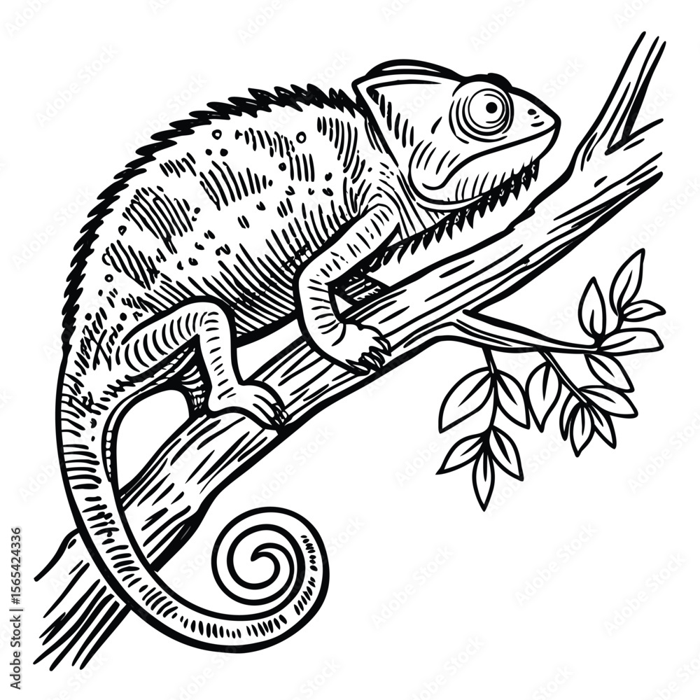 Obraz premium Black and white illustration of a chameleon on a branch reptile lizard
