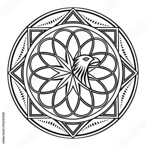 Black and white circular geometric design featuring a bird head symmetrical