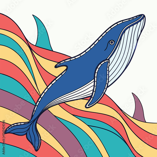 Blue whale breaching through colorful wavy lines ocean waves