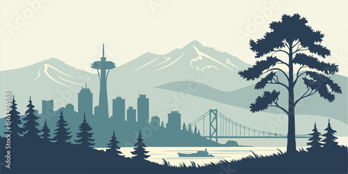Vancouver skyline silhouette vector with Canada Place, Harbour Centre, Lions Gate Bridge, and mountain backdrops. Ideal for nature-inspired urban design.