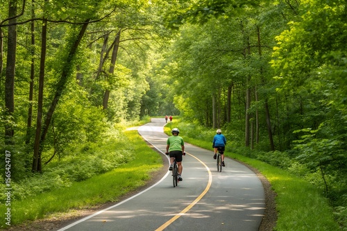 Two cyclists ride along a paved path through a lush green forest on a sunny day