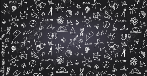 Scribbles doodles school big pattern on the black chalk board