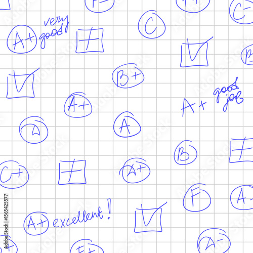 School student pattern checkered notebook sheet with blue pen grades