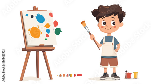 Young Boy Artist Holding Brush and Paint Color Flat Vector Illustration