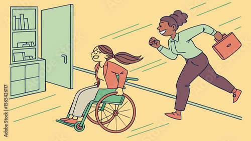 Illustration of disability inclusion showing woman in wheelchair with coworker running to support her success