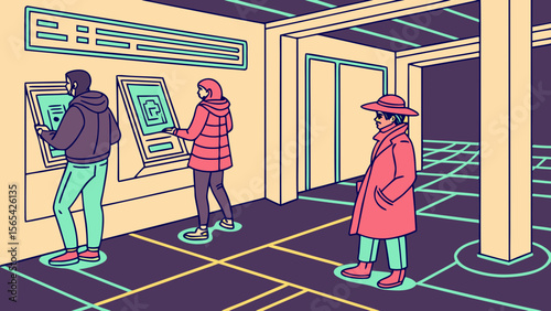 People using digital kiosks at a futuristic subway station with a detective in the background scene art
