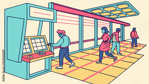 Illustration of people at a bus station using ticket machine and waiting for public transport ride service